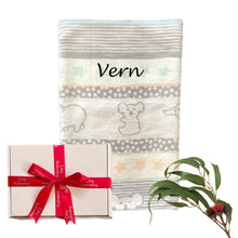 Load image into Gallery viewer, Personalised Australiana Reversible Woven Huggee Baby Blanket