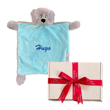 Load image into Gallery viewer, "Buzz" Teddy Bear & Blue Bebi Bear Snuggle Comforter - 2 Piece Personalised Gift Set