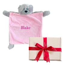 Load image into Gallery viewer, "Buzz" Teddy Bear & Pink Bebi Bear Snuggle Comforter - 2 Piece Personalised Gift Set