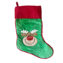 Load image into Gallery viewer, Personalised Plush Green with Red Cuffed Embroidered & Reindeer Applique Christmas Stocking