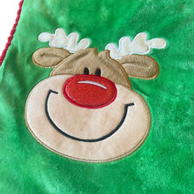 Load image into Gallery viewer, Personalised Plush Green with Red Cuffed Embroidered & Reindeer Applique Christmas Stocking