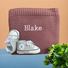 Load image into Gallery viewer, Coffee Cotton Knitted Blanket & Unisex Canvas Baby Shoes - 2 Piece Personalised Gift Set