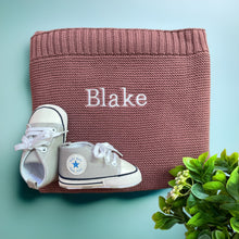Load image into Gallery viewer, Coffee Cotton Knitted Blanket & Unisex Canvas Baby Shoes - 2 Piece Personalised Gift Set