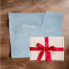 Load image into Gallery viewer, 'Blue' Large Personalised Egyptian Cotton Knitted Baby Blanket