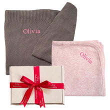 Load image into Gallery viewer, Grey Egyptian Cotton Blanket & Pink Cotton Wrap - 2 Piece Personalised Gift Set