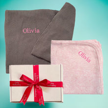Load image into Gallery viewer, Grey Egyptian Cotton Blanket & Pink Cotton Wrap - 2 Piece Personalised Gift Set