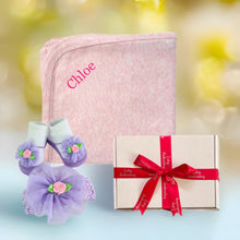 Load image into Gallery viewer, 100% Cotton Interlock Wrap & Rose Headband and Sock Set - 2 Piece Personalised Gift Set