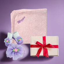 Load image into Gallery viewer, 100% Cotton Interlock Wrap & Rose Headband and Sock Set - 2 Piece Personalised Gift Set