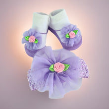 Load image into Gallery viewer, 100% Cotton Interlock Wrap & Rose Headband and Sock Set - 2 Piece Personalised Gift Set