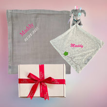 Load image into Gallery viewer, Bamboo Muslin & Pup Comforter Baby Unisex - 2 Piece Personalised Gift Set