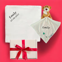 Load image into Gallery viewer, Bamboo Muslin & Personalised Banjo Bear Comforter Baby Unisex - 2 Piece Personalised Gift Set
