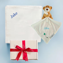 Load image into Gallery viewer, Bamboo Muslin & Personalised Banjo Bear Comforter Baby Unisex - 2 Piece Personalised Gift Set