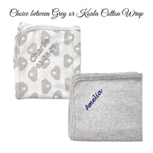 Load image into Gallery viewer, Grey & White Cotton Hooded Towel, Cotton Wrap & Unisex Canvas Baby Shoes - 3 Piece Personalised Gift Set