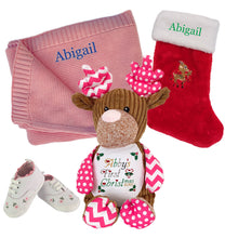 Load image into Gallery viewer, Cotton Blanket, Personalised "Pinkie" Reindeer, Personalised Christmas Embroidered Stocking & Embroidered Shoes- 4 Piece Personalised Christmas Gift Set