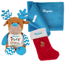 Load image into Gallery viewer, Cotton Knitted Blanket, Personalised Embroidered Christmas Stocking & Personalised Bluey Patchwork Reindeer- 3 Piece Personalised Christmas Gift Set
