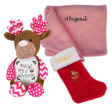 Load image into Gallery viewer, Cotton Knitted Blanket, Personalised Embroidered Christmas Stocking & Personalised "Pinkie" Patchwork Reindeer - 3 Piece Personalised Christmas Gift Set