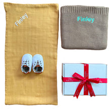 Load image into Gallery viewer, Personalised Bamboo Muslin, Personalised Cotton Blanket & Unisex Shoes - 3 Piece Personalised Gift Set