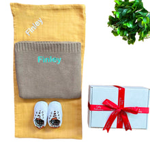 Load image into Gallery viewer, Personalised Bamboo Muslin, Personalised Cotton Blanket & Unisex Shoes - 3 Piece Personalised Gift Set