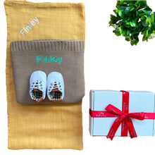 Load image into Gallery viewer, Personalised Bamboo Muslin, Personalised Cotton Blanket & Unisex Shoes - 3 Piece Personalised Gift Set
