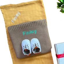 Load image into Gallery viewer, Personalised Bamboo Muslin, Personalised Cotton Blanket & Unisex Shoes - 3 Piece Personalised Gift Set