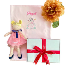 Load image into Gallery viewer, Personalised Embroidered Pink Bamboo Blanket & Personalised Luna Rag Doll - 2 Piece Personalised Gift Set