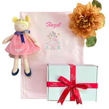 Load image into Gallery viewer, Personalised Embroidered Pink Bamboo Blanket & Personalised Luna Rag Doll - 2 Piece Personalised Gift Set