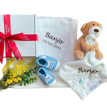 Load image into Gallery viewer, Bear Comforter, Bamboo Muslin & Unisex Shoes - 3 Piece Personalised Gift Set