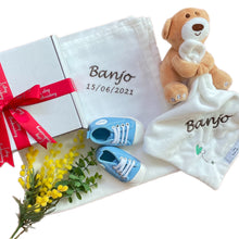 Load image into Gallery viewer, Bear Comforter, Bamboo Muslin & Unisex Shoes - 3 Piece Personalised Gift Set