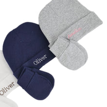 Load image into Gallery viewer, Personalised 100% Cotton Baby Beanie & Anti-Scratch Mitten Set