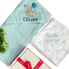Load image into Gallery viewer, Blue Elephant Personalised Cotton Hooded Towel