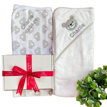 Load image into Gallery viewer, Grey & White 100% Cotton Embroidered Hooded Towel & Personalised Cotton Wrap - 2 Piece Personalised Gift Set