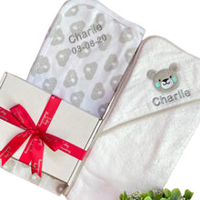 Load image into Gallery viewer, Grey & White 100% Cotton Embroidered Hooded Towel & Personalised Cotton Wrap - 2 Piece Personalised Gift Set