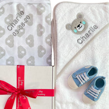Load image into Gallery viewer, Grey & White Cotton Hooded Towel, Cotton Wrap & Unisex Canvas Baby Shoes - 3 Piece Personalised Gift Set