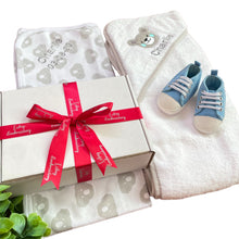 Load image into Gallery viewer, Grey & White Cotton Hooded Towel, Cotton Wrap & Unisex Canvas Baby Shoes - 3 Piece Personalised Gift Set