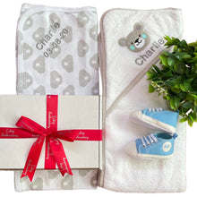 Load image into Gallery viewer, Grey & White Cotton Hooded Towel, Cotton Wrap & Unisex Canvas Baby Shoes - 3 Piece Personalised Gift Set