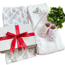 Load image into Gallery viewer, Grey, White & Pink Cotton Hooded Towel, Cotton Wrap & Flower Canvas Baby Shoes - 3 Piece Personalised Gift Set