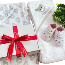 Load image into Gallery viewer, Grey, White & Pink Cotton Hooded Towel, Cotton Wrap & Flower Canvas Baby Shoes - 3 Piece Personalised Gift Set