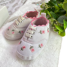 Load image into Gallery viewer, Grey, White & Pink Cotton Hooded Towel, Cotton Wrap & Flower Canvas Baby Shoes - 3 Piece Personalised Gift Set