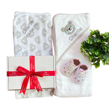 Load image into Gallery viewer, Grey, White & Pink Cotton Hooded Towel, Cotton Wrap & Flower Canvas Baby Shoes - 3 Piece Personalised Gift Set