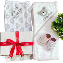 Load image into Gallery viewer, Grey, White & Pink Cotton Hooded Towel, Cotton Wrap & Flower Canvas Baby Shoes - 3 Piece Personalised Gift Set