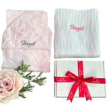 Load image into Gallery viewer, Pink & White Bamboo Knitted Blanket & Hooded Towel - 2 Piece Personalised Gift Set