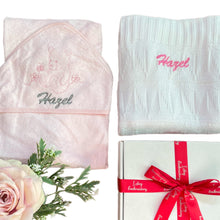 Load image into Gallery viewer, Pink & White Bamboo Knitted Blanket & Hooded Towel - 2 Piece Personalised Gift Set