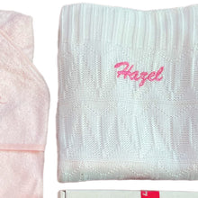 Load image into Gallery viewer, Pink & White Bamboo Knitted Blanket & Hooded Towel - 2 Piece Personalised Gift Set