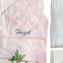 Load image into Gallery viewer, Pink & White Bamboo Knitted Blanket & Hooded Towel - 2 Piece Personalised Gift Set