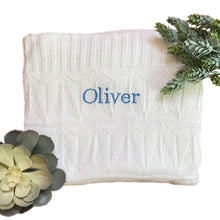 Load image into Gallery viewer, Blue & White Bamboo Knitted Blanket & Hooded Towel - 2 Piece Personalised Gift Set