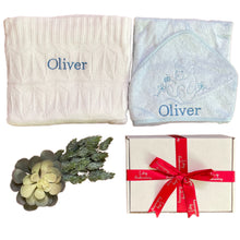 Load image into Gallery viewer, Blue & White Bamboo Knitted Blanket & Hooded Towel - 2 Piece Personalised Gift Set