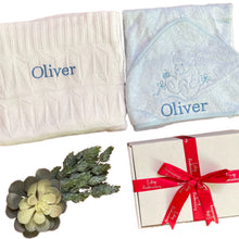 Load image into Gallery viewer, Blue & White Bamboo Knitted Blanket & Hooded Towel - 2 Piece Personalised Gift Set