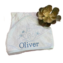 Load image into Gallery viewer, Blue & White Bamboo Knitted Blanket & Hooded Towel - 2 Piece Personalised Gift Set