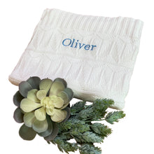 Load image into Gallery viewer, Blue & White Bamboo Knitted Blanket & Hooded Towel - 2 Piece Personalised Gift Set