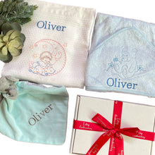 Load image into Gallery viewer, Personalised Blue Bamboo Hooded Towel, White Waffle Blanket & Elephant Comforter - 3 Piece Personalised Gift Set